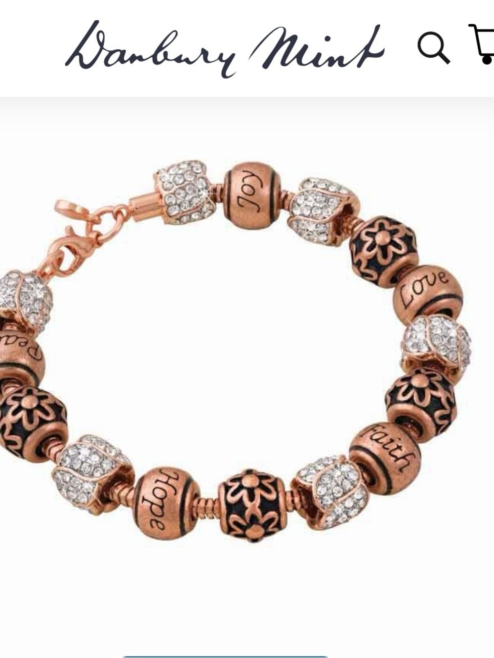 Danbury Mint Rose Gold-Tone Charm Bracelet with Black Floral and Crystal Beads